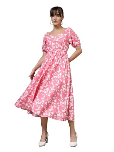 Image of OOMPH! Below Knee Shift Pink Dress in Crepe Fabric with Round Neck and Puff Sleeves - md619l