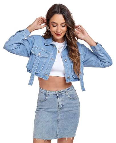 Anienaya Women's Cropped Denim Jacket Washed Cropped Y2K Cargo Short Jean Jacket with Pockets3