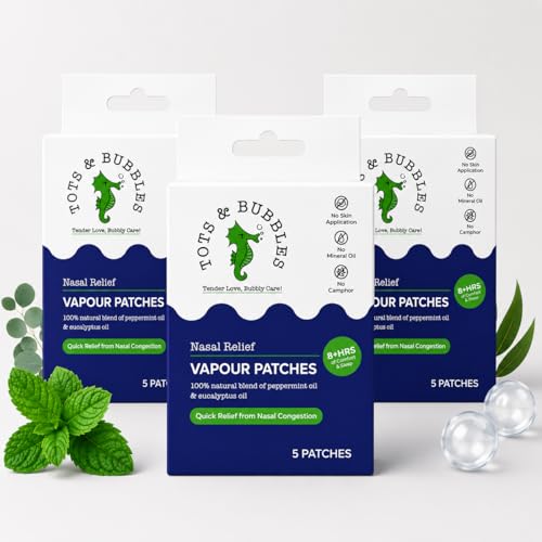 Tots & Bubbles Natural Vapour Patches for Babies & Kids | Eucalyptus, Peppermint & Thymol | Camphor-Free, Up to 8 Hrs Relief from Cold & Nasal Congestion (Pack of 3)