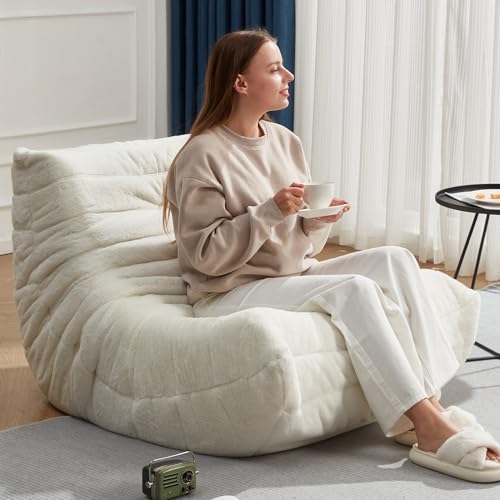 Image of Hobestluk Adults Bean Bag Chair Faux Fur BeanBag Couch for Living Room | White Plush,Ergonomic Design,Memory Foam,UltraSoft,Anti-slip Bottom,No Assembly Required,Decorative Style for Living Room
