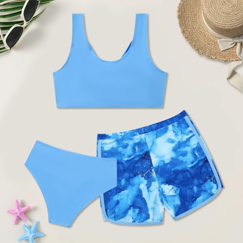 Image of Weixinbuy Girl's 3 Piece Swimsuit Teen Swimwear Tropical Print Twist Cross Bikini Bathing Suit with Cover Up Shorts Size 9-16