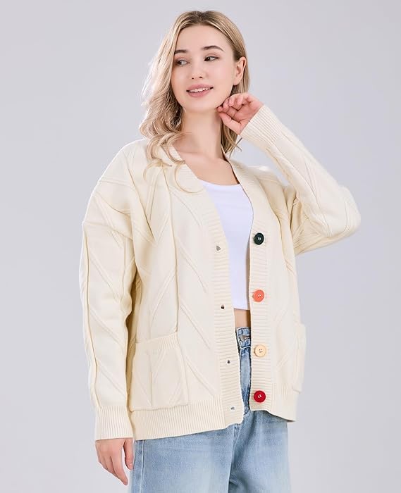 Image of utcoco Womens Open Front Cardigan Cable Knit Long Sleeve Button Down Embroidery Cardigan Sweaters