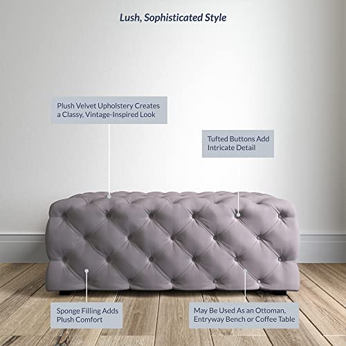 Image of BELLEZE Modern 46 Inch Rectangular Velvet Ottoman, Tufted Bench for Living Room, Bedroom or Entryway Seating, Vintage Style Upholstered Footrest - Zayne (Gray)