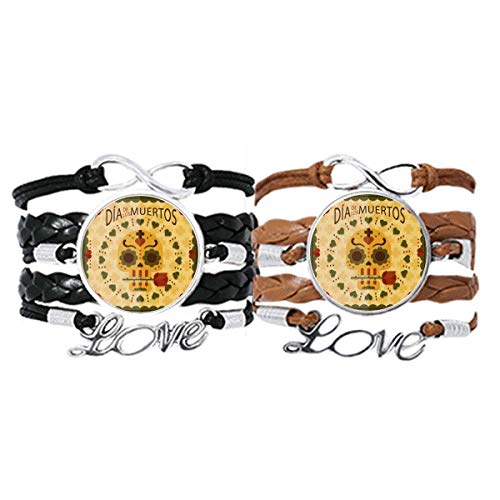 Pulsera de cuero Calavera Rosa Dia de los Muertos Mexico ajustable para parejas