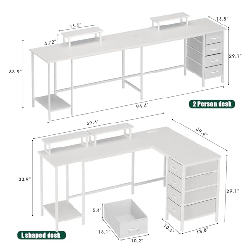 59 inch L Shaped Computer Desk with Power Outlets, Home Office Desk with 4 Adjustable Storage Drawers & 2 Monitor Stands, Two Person Gaming Table for Bedroom, White
