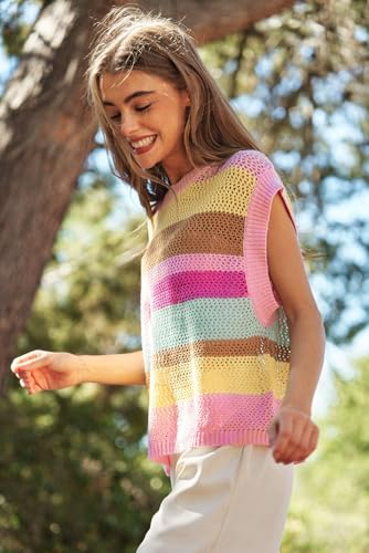 Charming Crochet Sleeveless Sweater with Round Neck - Pink Stripe4