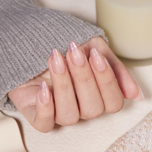 VSALON Almond Short Press On Nails, Aurora Light Pink French Tip 3D Sculpting Design Curable False Nails, Reusable Opaque Gel Stick On Nails Kit - 32 pcs in 16 Sizes with UV Glue