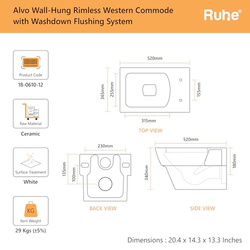 Image of Ruhe Alvo Wall-Hung Rimless Western Commode with Washdown Flushing System | P-Trap | 20.5 x 14.4 x 13.4 inches | Ceramic White Glossy Finish, Space-Saving Design | Includes Soft-Close Seat Cover