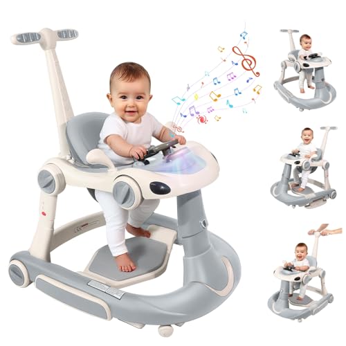 Image of Baby Walker, 4-in-1 Baby Walker with Wheels Portable, Foldable Infant Toddler Walker for Boys Girls 6-18 Month,Removable Footrest,Car Steering Wheel & Music, Adjustable Push Walker Grey