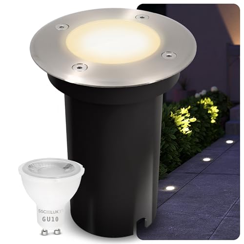 SSC-LUXon KALPA - Foco empotrable en el suelo (redondo, incluye bombilla GU10, 3 W, luz blanca cálida, 230 V, IP67, resistente a la intemperie, transitable e inoxidable)
