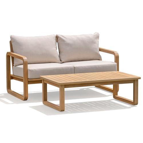 image for Idzo Ivy Loveseat with Coffee Table – Beige Fabric, 2-Seater Outdoor