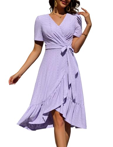 Dressystar Women Eyelet Summer Dress Short Sleeve V Neck Ruffle Wrap Spring Wedding Guest Sun Vacation Midi Casual Dresses
