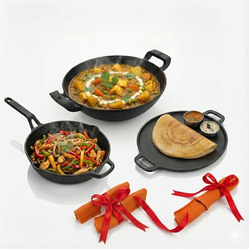Image of Human Hydro Premium Deliq Range Pre-Seasoned Cast Iron Cookware Combo | Kadai 25cm, Tawa 30cm & Fry Pan 25cm with Silicone Grips | Naturally Non-Stick, Toxin-Free & Induction Compatible