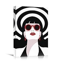 SIGNWIN Canvas Wall Art A Young Woman with Black Dress and Geometric Sun Hat, Red Lipstick People Fashion Illustrations Pop Art Chic Portrait Colorful for Living Room, Bedroom, Office - 12x18 inches
