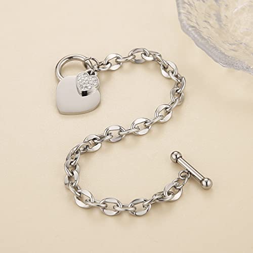 HZMAN Stainless Steel Silver/Rose/18k Gold Plated Zircon Heart Bracelet for Women Romantic Gift Toggle Clasp Link Bracelets4