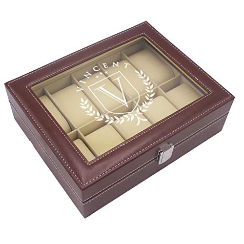 My Personal Memories Custom Personalized Watch Storage Box Glass Display Case for Men, Him, Husband - Engraved and Monogrammed (Brown)