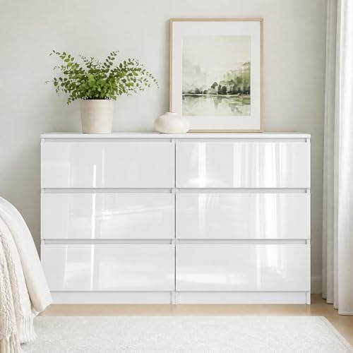 LSBIKE High Gloss Chest of Drawers Bedroom Modern Chest of Drawers Bedroom Drawers 6 7 8 Drawer Storage Cabinet for Living room Hallway Furniture (White 6 drawer)