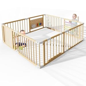 ZIKEBTUY Baby Playpen Wood Playpen Foldable 160x160x61cm Baby Fence fold Away Play Pen with Musical Toys and Door Portable Easy Assembly Playpens for Babys & Toddlers