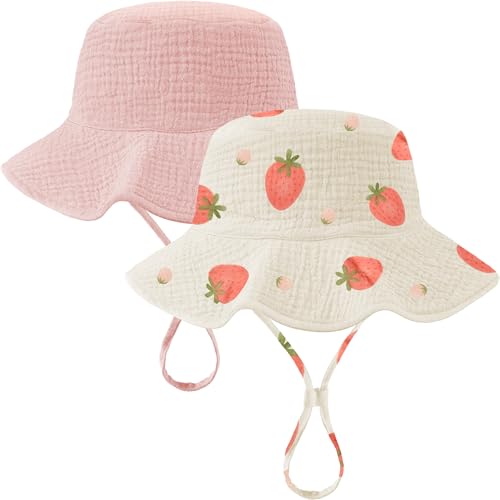 Image of 2 Pack Muslin Baby Sun Hat Sun Protection Baby Bucket Hat with Wide Brim Beach Hats for Boys Girls