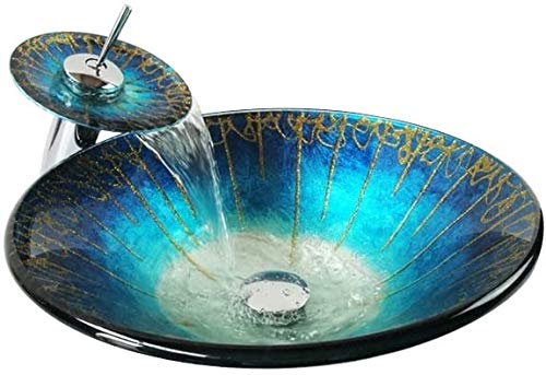 Lavabo salle de bain rond bleu en verre trempé poli vasque meuble vasque