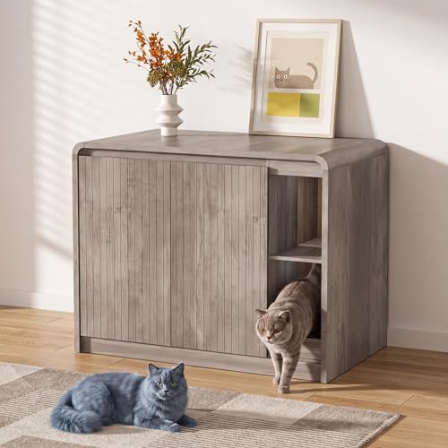 Homiflex Cat Litter Box Enclosure with Litter Collector Large Litter Box Enclosure for Automatic Litter Box Cat Furniture with Outlet Adjustable Shelf for Dog Proof Cat Washroom Cabinet Grey