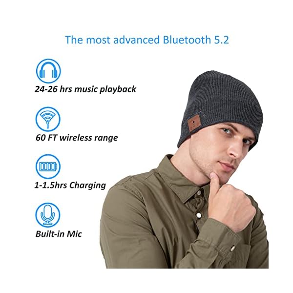 beanie MUSICBEE Bluetooth V5.2 Wireless Knit Winter Cap, 24 Hour Play time, Built-in Microphone and HD Stereo Speakers, Wool Lined for Outdoor Homes and Gifts - Neutral (Charcoal) - Image 3