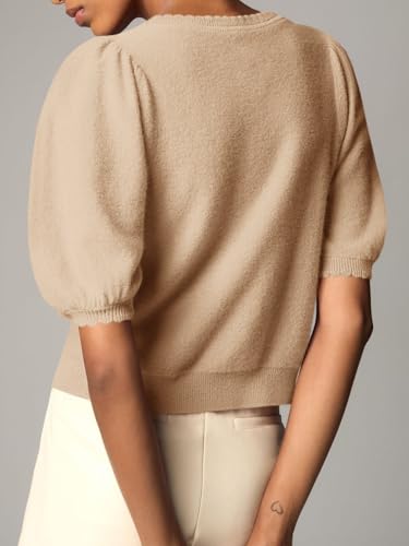 Image of Saodimallsu Womens Puff Short Sleeve Cardigan Lightweight Summer Button Down Shirts Knit Crew Neck Sweater Tops