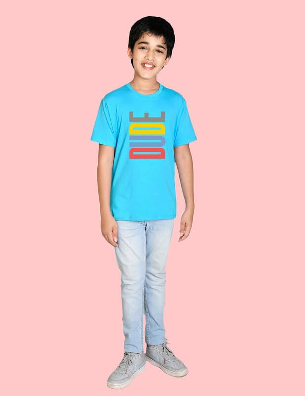 Image of Nusyl Boys Dude Text Printed Half Sleeve Regular Fit Tshirt, Cotton Blend Round Neck T-Shirt,