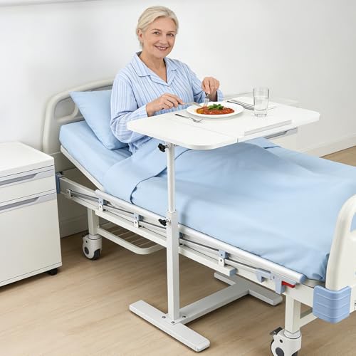 Betttisch auf Rollen Beistelltisch Pflegebett für Kranken- und Pflegebetten Höhenverstellbarer Beistelltisch mit Versteckten Rollen überbetttisch Holz für Büro Hause Krankenhaus 60*40*52-92cm