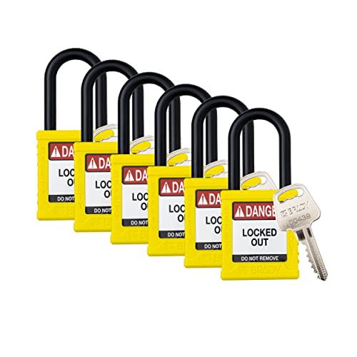 Image of Brady Safety Lockout Padlock Sets - 6 Pack - Yellow - Keyed Alike Safety Lockout Padlocks - 1 Key Per Lock - SDPL-YLW-38PL-KA6
