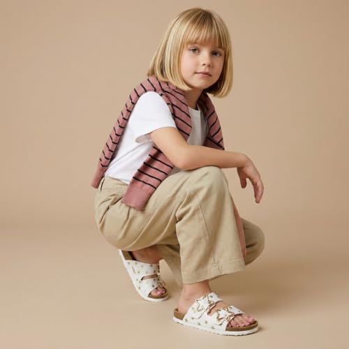 Image of CUSHIONAIRE Lily Girl Toddler Sandals with Adjustable Gold Tone Star Buckles and Cushioned Cork Footbed Slip On Girls Slides for Kids