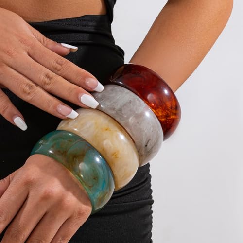 ALEXTINA 4Pcs Acrylic Big Bangle Bracelets for Women, Colorful Geometric Chunky Resin Bangles Set Wide Dome Shape Bangle Acrylic Resin Fashion Holiday Jewelry for Everyday Wear2
