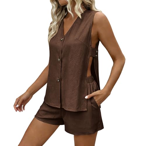 Ensemble d'été 2 pièces femme coton et lin short haut sans manches unicolore
