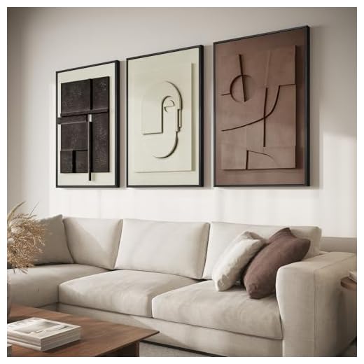 Framed Abstract 3D Textured Wall Art for Living Room, 3 Piece Modern Neutral Artwork for Walls, Brown White Geometric Sandstone Textured Painting for Bedroom, Home Office Decor-Total Size 30x60 Inch