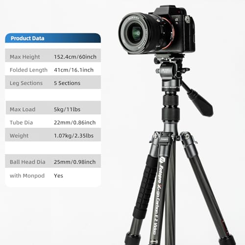 Image of Fotopro 59 inch Carbon Fiber Travel Tripod, Compact Video Tripods with Fluid Head, Detachable Monopod with Quick Release Plate and Bag, Camera Tripod Load up to 8KG /17.63lbs
