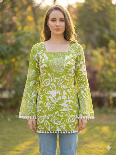 Image of Women's Premium Viscose Rayon Floral Printed Short Kurti | Stylish Bell Sleeves with Pom-Pom Lace | Teal Blue Tunic Top for Jeans & Office Wear