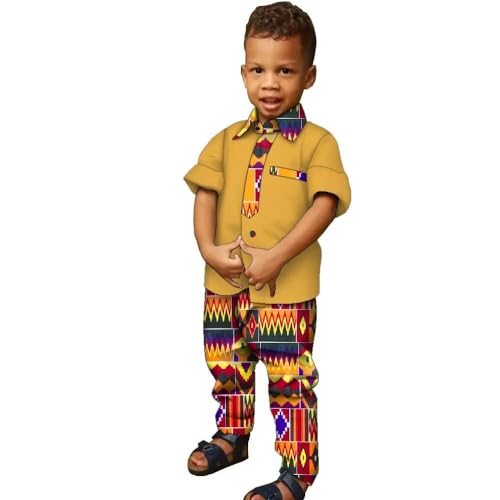 Image of XIAOHUAGUA African Clothes for Boy Kids African Outfit 2 Pcs Set Kente Print Shirt and Long Pants