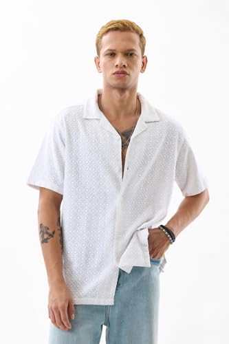 Image of SNITCH Men Casual Shirt | Regular Fit Half Sleeve Cuban Collar Textured Pattern with Embellished Sequins | 100% Viscose & Breathable Fabric for Everyday Wear