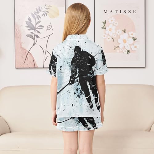 ALAZA Black Ice Hockey Player Watercolor Satin Pajamas Set Short Sleeve Button Down Sleepwear Summer Pjs 2 Piece4