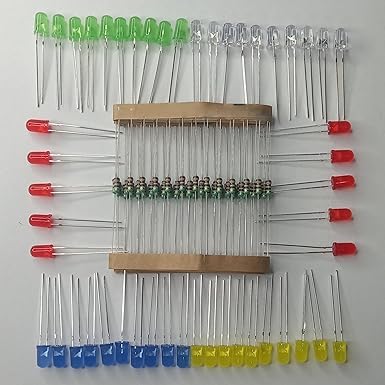 LED Light Kit, 50 Pieces 5mm Assorted Colours with 220 Ohm Resistors, White Red Blue Yellow Green