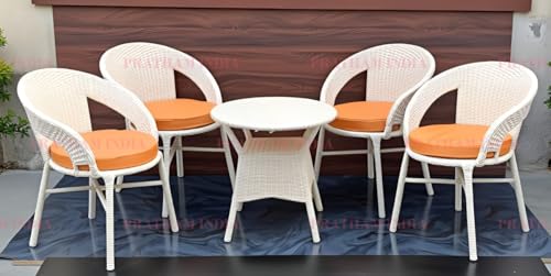 Image of India Outdoor Indoor 4+1 Piece All Weather Wicker Patio Chair and Table Set with Iron Frame for Balcony Garden Poolside Deck (Cream with Light Orange Cushion)