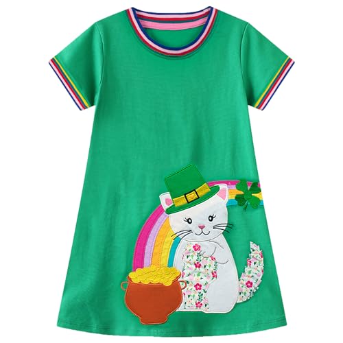 Image of HILEELANG Little Girl Short Sleeve Dress Easter Cotton Casual Applique Tunic Shirt Dresses
