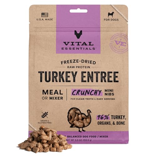 Image of Vital Essentials Freeze Dried Dog Food, Turkey Mini Nibs, 5.5 oz Bag | Crunchy, Complete Meal or Topper, Made With 96% Turkey, Organs & Bone, High Protein Raw Nutrition, Grain-Free Recipe
