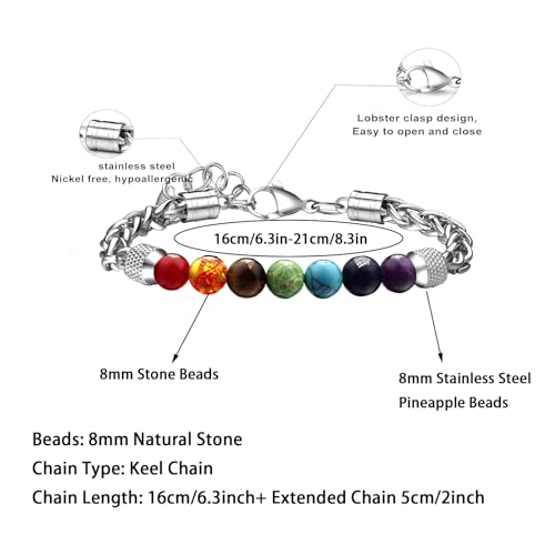 LIU JUN 7 Chakra Bracelet For Men, 8MM Natural Stone Pineapple Beads Stainless Steel Adjustable Silver Cuban Link Chain Handmade Power Healing Gift Jewelry4