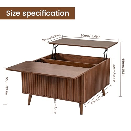 Image of Lift Top Coffee Table with Storage, Square Coffee Tables with Lifting Top and Hidden Compartment, Mid Century Modern Fluted Center Table for Living Room, Home Office, Studio, Walnut