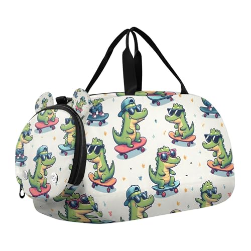 Travel Duffle Bag for Kids Boys Girls Crocodile Cute Little Animal Sports Bag Overnighter Duffle Sleepover Weekender with Shoes Compartment