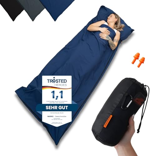 SEESCHWALBE Hüttenschlafsack Baumwolle - Hüttenschlafsack Ultraleicht und ultradünn ohne Fütterung - Reiseschlafsack kleines Packmaß als Inlett mit Kissenfach - Kompakt & Klein, Marineblau