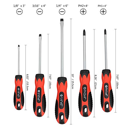 Magnetic Screwdriver Set,5 Pieces Slotted and Phillips Screwdriver with Ergonomic Comfortable Non-skid Handle,Permanent Magnetic Tips,Rust Resistant Heavy Duty Craftsman Toolkit For Wet, Oily Hand