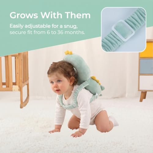 Image of Baby Head Protection Backpack - Soft Lightweight Fall Cushion for Toddlers During Crawling & Walking, Helps Ease Impact from Backward Tumbles(Dark Green Dinosaur)