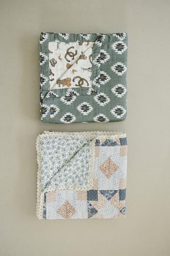 Image of Mebie Baby Muslin Quilt, Patchwork Print and Blue Blossom, 100% Muslin Cotton Baby Blankets for Girls and Boys, Muslin Baby Blanket for Newborns, 47 inchx47 inch